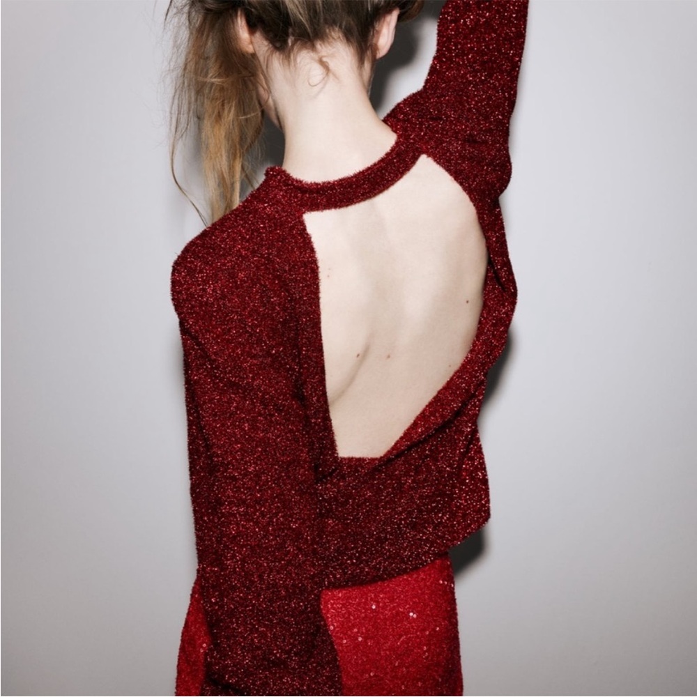 Zara Red Tinsel Open Back Sweater